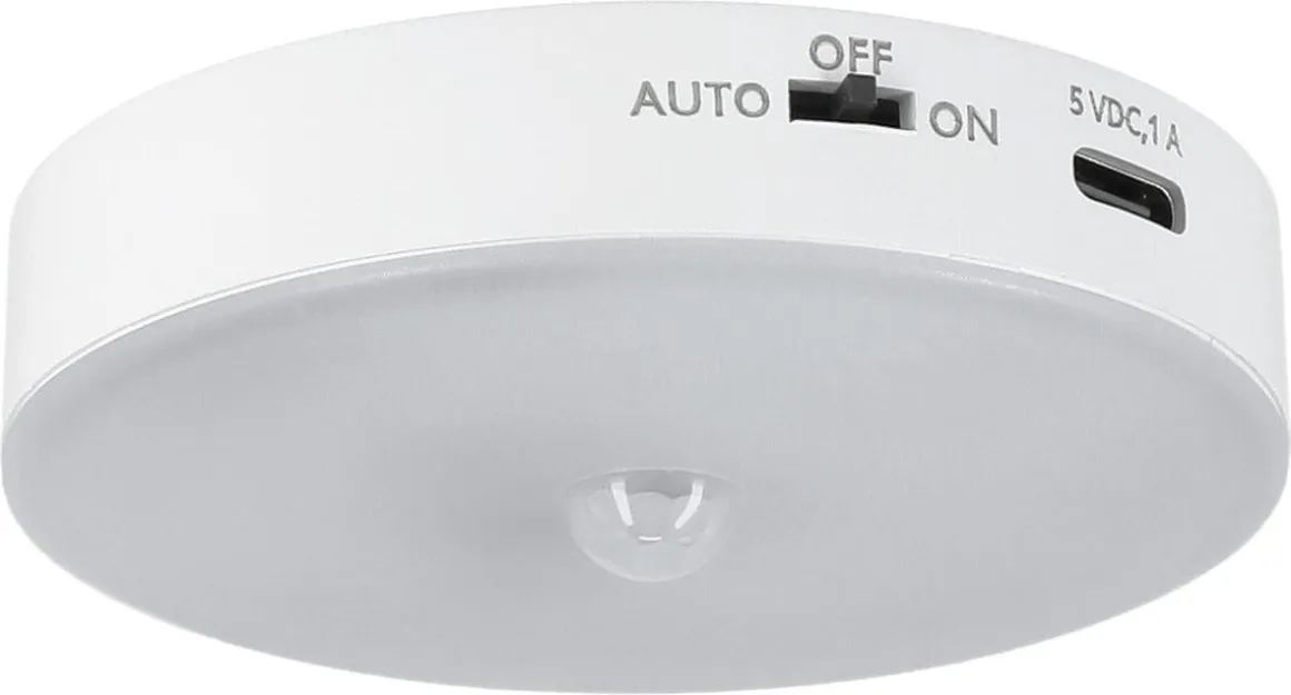 Batteridrevet garderobelampe med sensor, rund, oppladbar