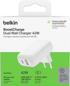 Belkin BoostCharge hurtiglader USB-C og USB-A, 42 W