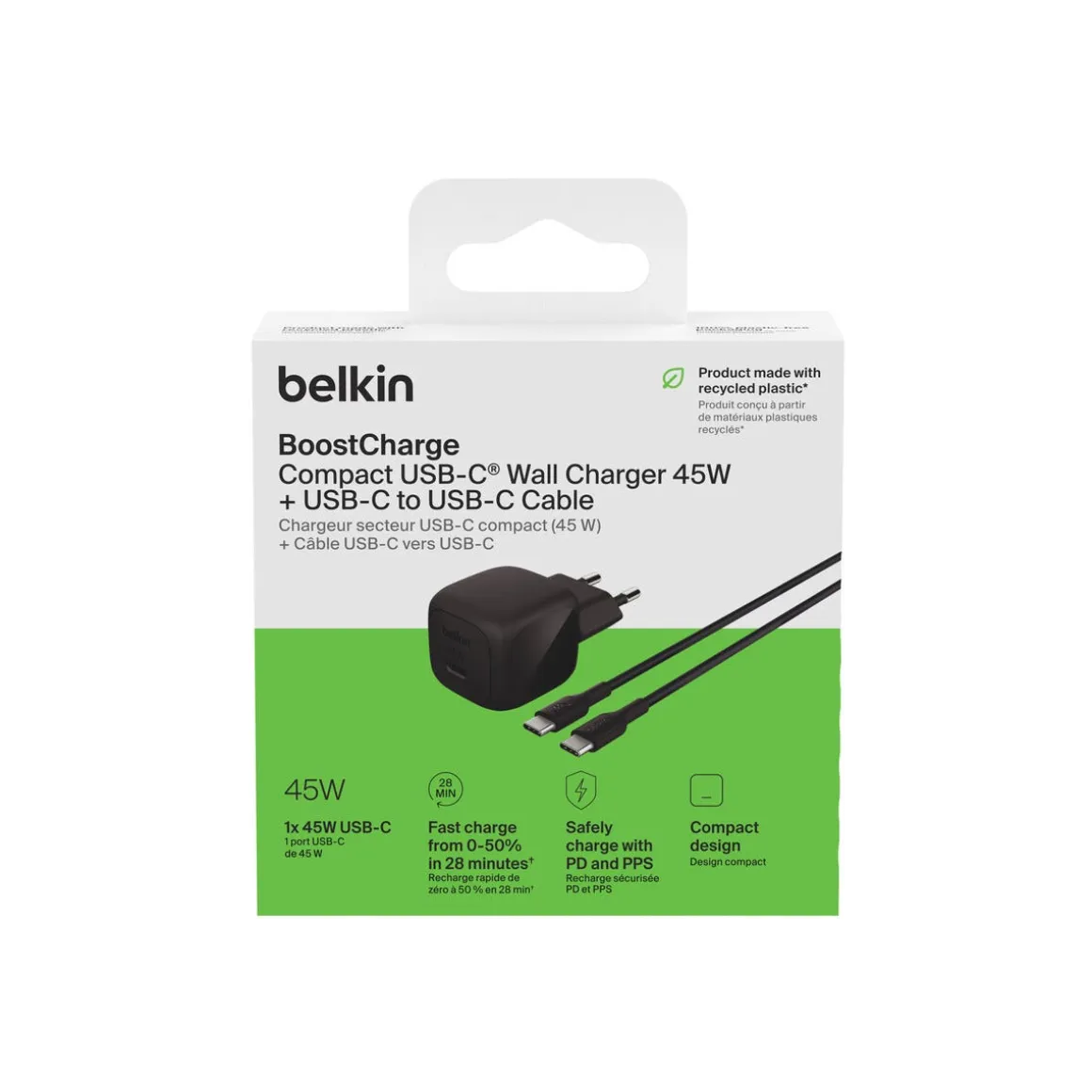 Belkin BoostCharge USB-C-lader 45 W med kabel, WCA013kq1MBK-B6
