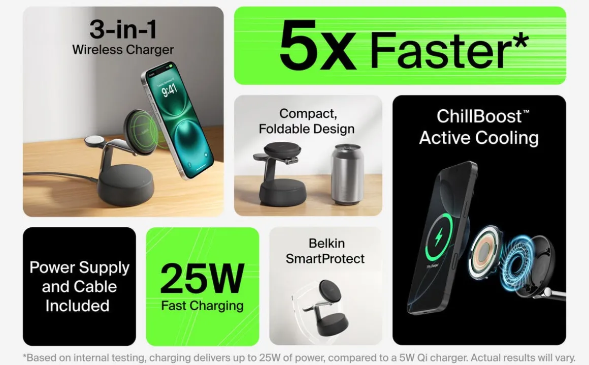 Belkin UltraCharge Pro 3-i-1 Qi2-lader, 25W