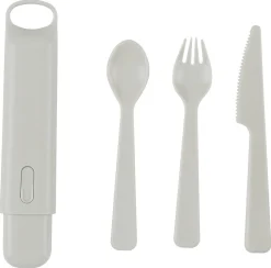 Campingbestikk i plast med etui, beige, 4 deler
