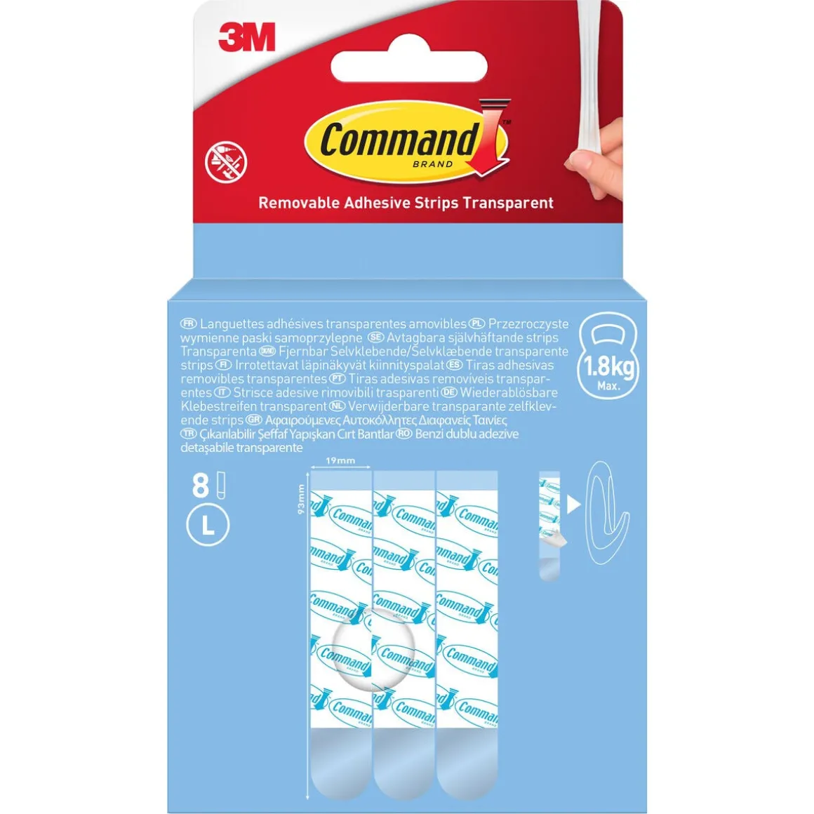 Command selvklebende strips L, transparent, 1,8 kg, 8-pakning