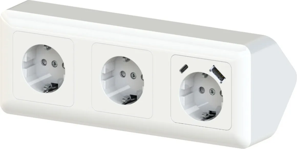 Cotech 3-veis stikkontakt til hjørne, utenpåliggende med USB