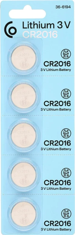 CR2016 litiumbatteri 3 V, 5-pakning