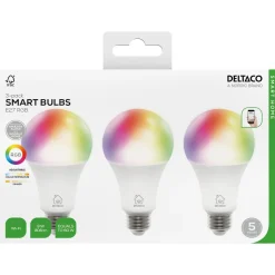 Deltaco Smart Home RGB LED-pære E27 wifi, 9 W, 3-pakning