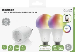 Deltaco Smart Home WiFi sett, smart-plug og 2 x E27 RGB LED-pærer