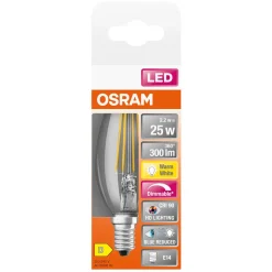 Dimbar mignon lyspære LED E14 Osram, varmhvit