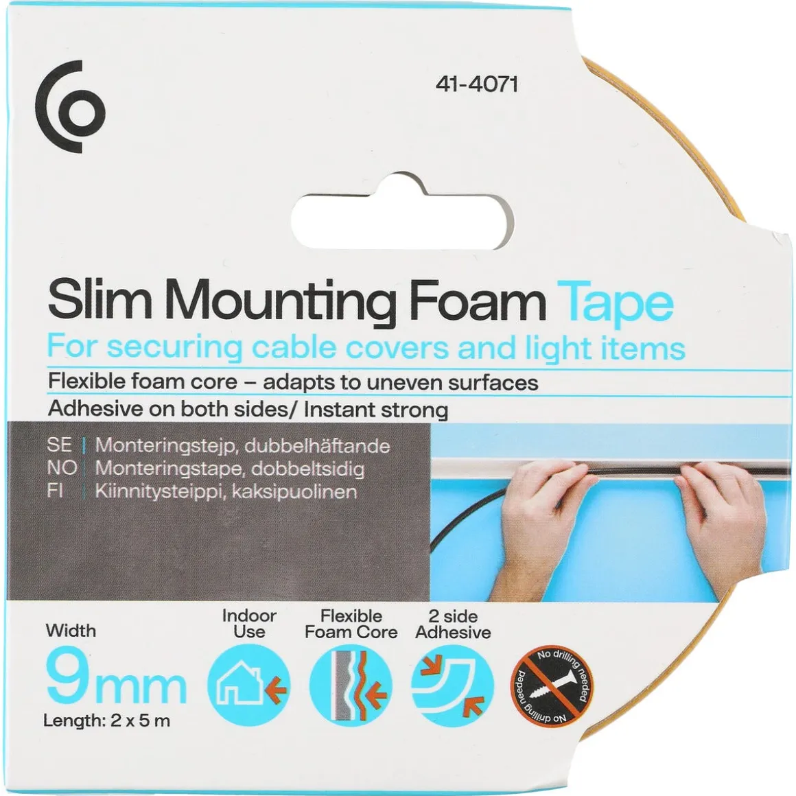 Dobbeltsidig monteringstape innendørs, 9 mm x 5 m, 2-pakning