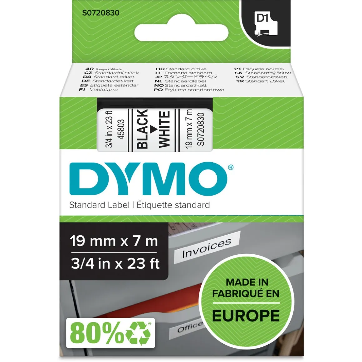 Dymo D1 merkebånd svart på hvitt 19 mm x 7 m