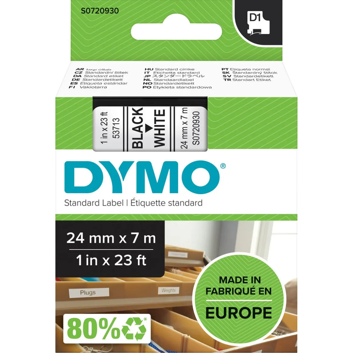 Dymo D1 merkebånd svart på hvitt, 24 mm 7 m