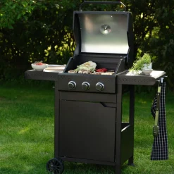 Gassgrill med 3 brennere, sidebord og grillvogn