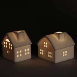 Hus i keramikk med LED-lys og timer, 6 cm