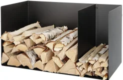 Lav vedholder med 2 rom i svart stål, til innendørs bruk, 39 x 70 cm