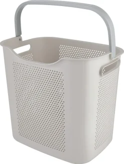 Liten skittentøyskurv i plast med håndtak, beige og grå