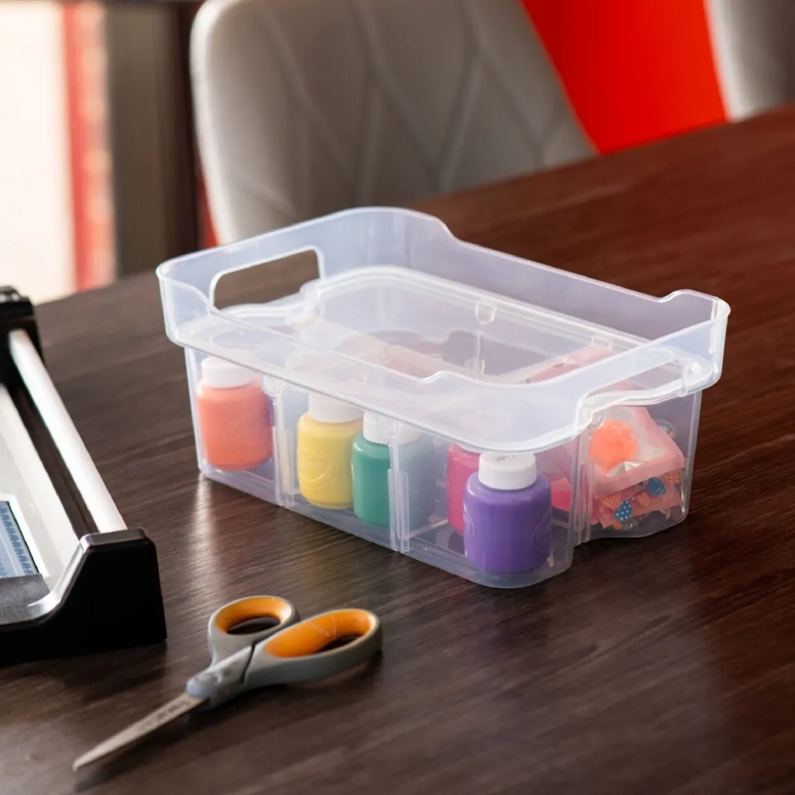 Oppbevaringsboks Modular i plast med lokk og rom, gjennomsiktig