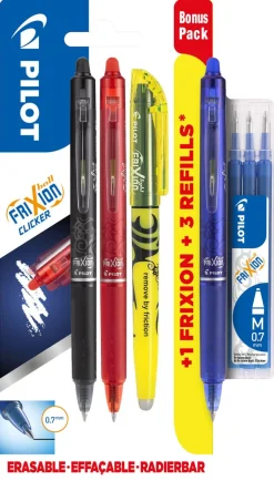 Pilot Frixion Clicker 3-pakning kryssordpenn med refill og markeringstusj