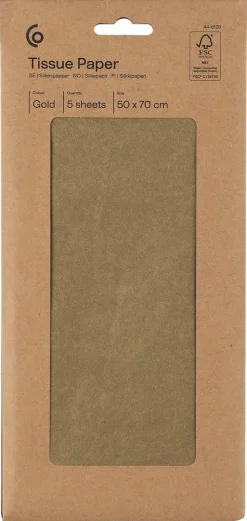 Silkepapir, gyllent, 50 x 70 cm, 5 ark