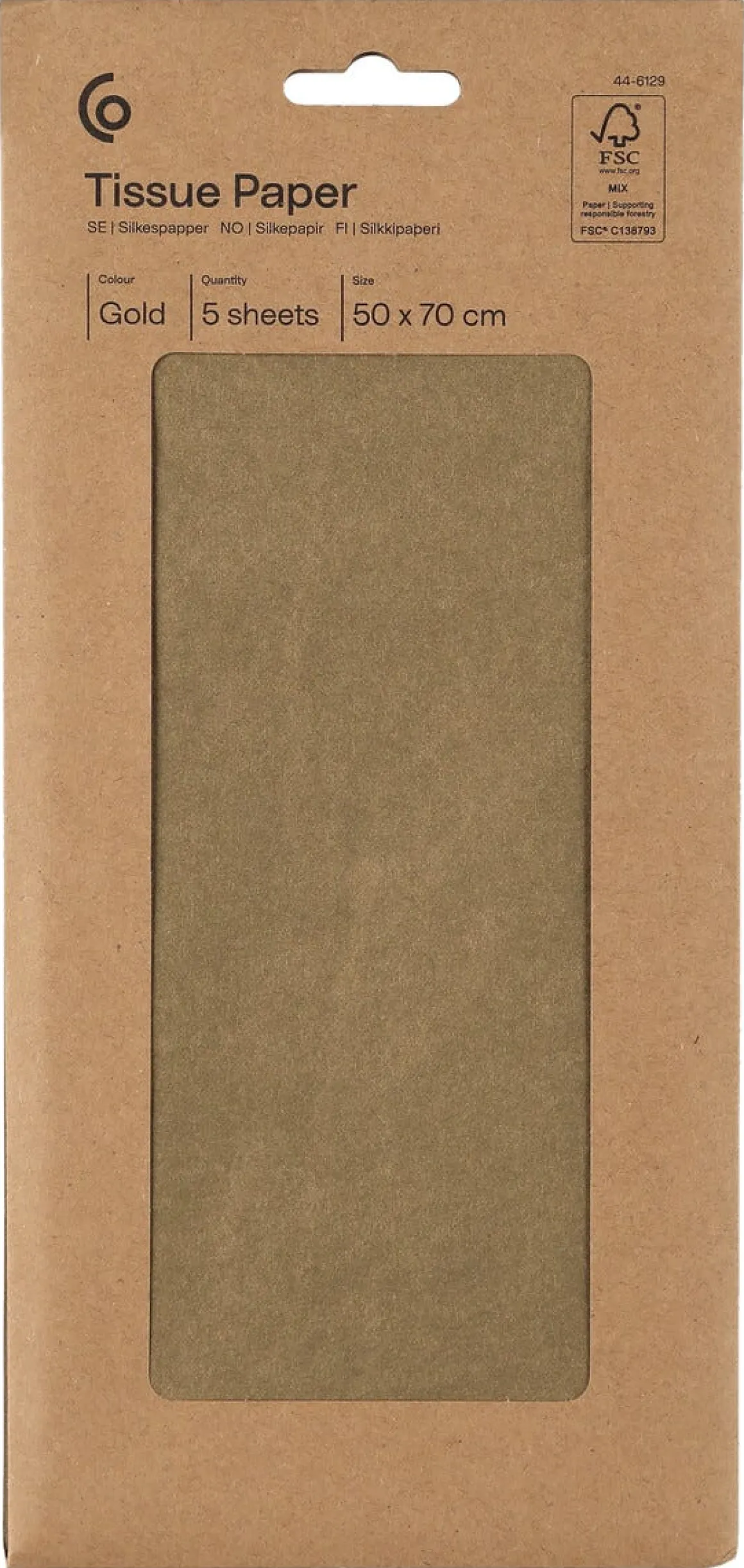 Silkepapir, gyllent, 50 x 70 cm, 5 ark