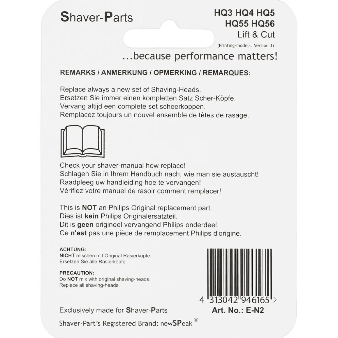 Skjærehode Lift&Cut HQ3/4/5/55/56 til Philips barbermaskin, 3-pakning