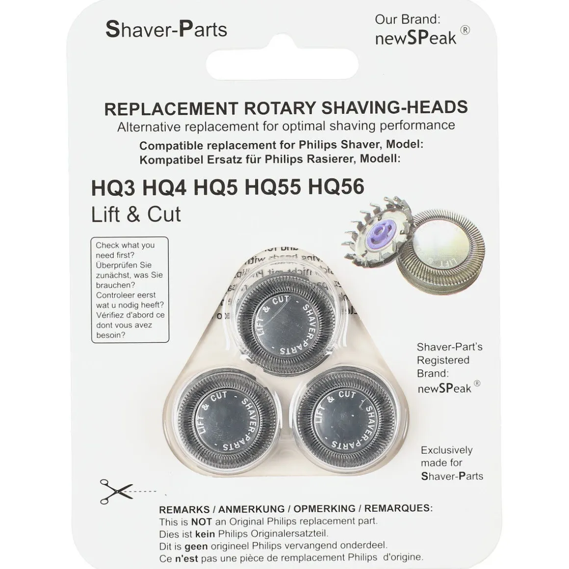 Skjærehode Lift&Cut HQ3/4/5/55/56 til Philips barbermaskin, 3-pakning