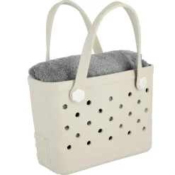 Strandveske i plast med hullmønster, beige