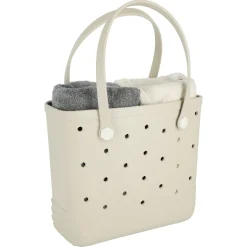 Strandveske i plast med hullmønster, beige