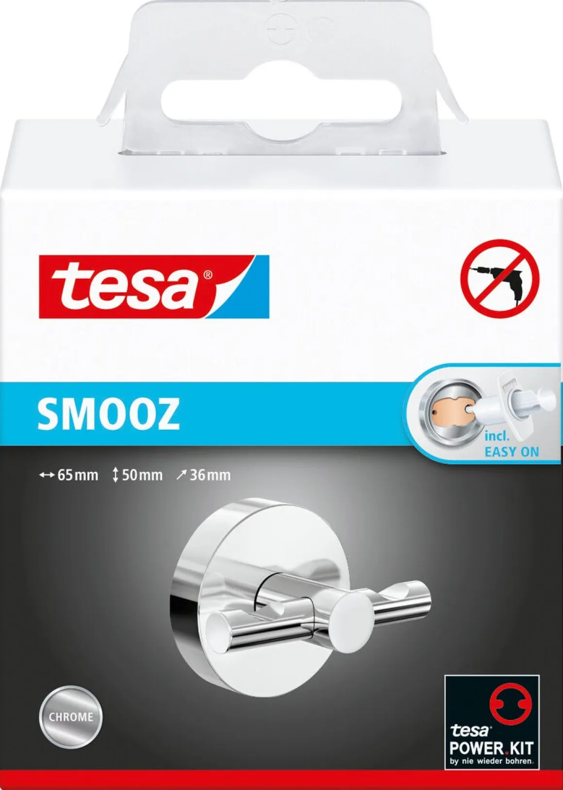 Tesa Smooz selvklebende håndklekrok dobbel, forkrommet
