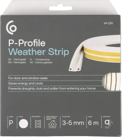 Tetningslist, P-profil hvit, 3–5 mm