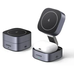 Ugreen 2-i-1 Qi2 trådløs lader, sammenleggbar, 15 W