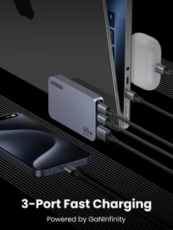 Ugreen Nexode Pro USB-C reiselader 65 W, 3 porter