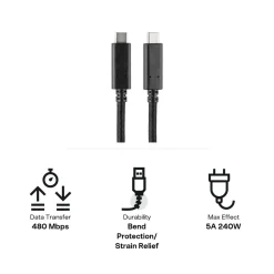 USB-C-til-USB-C-kabel, 5 A, 240 W, svart